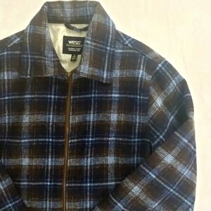 WESC Men's Blue and Brown Plaid Jacket Size Medium